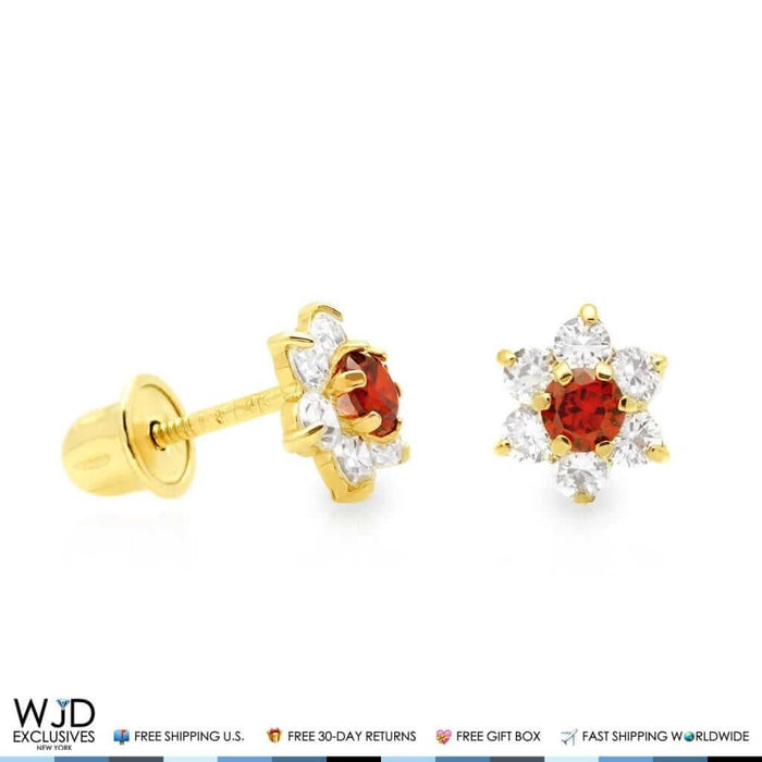 14k Yellow Gold 0.50Ct CZ & Garnet Flower Shape Stud Earrings 6mm