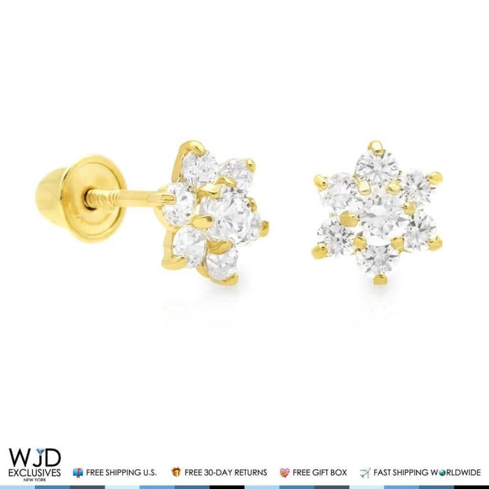 14k Yellow Gold 0.50Ct CZ Flower Screw Back Stud Earrings 6mm