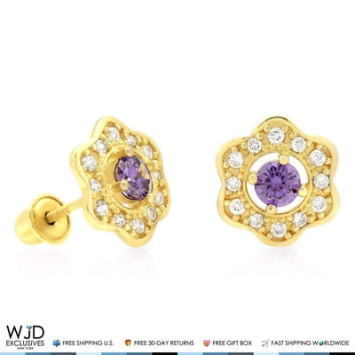 14k Yellow Gold 0.50Ct CZ & Amethyst Flower Cluster Stud Earrings