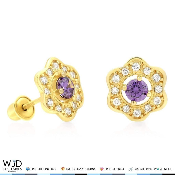 14k Yellow Gold 0.50Ct CZ & Amethyst Flower Cluster Stud Earrings