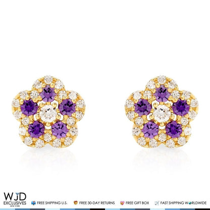 14K Gold 0.50Ct CZ & Birthstones Flower Cluster Stud Earrings 8mm
