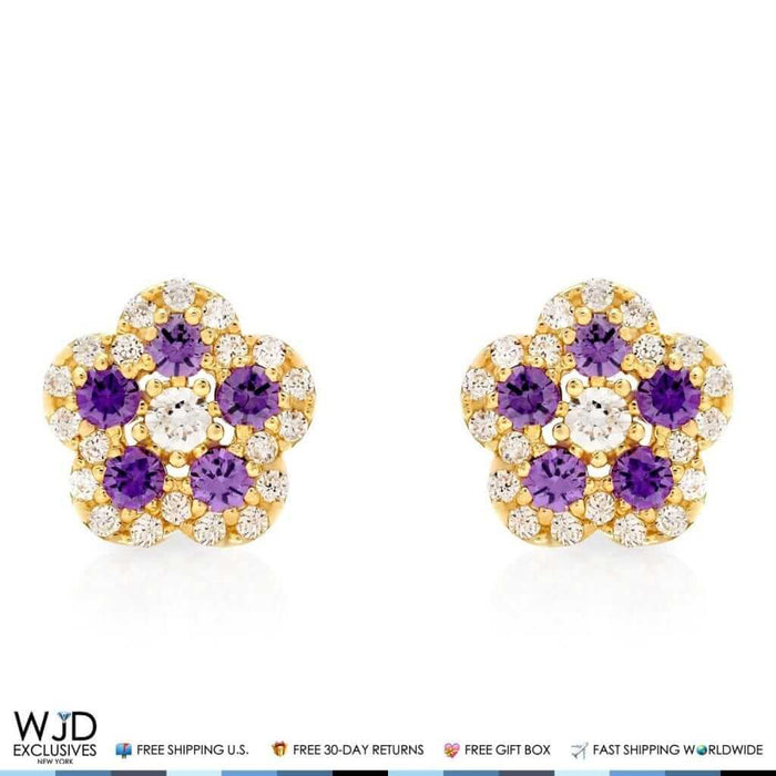 14K Gold 0.50Ct CZ & Birthstones Flower Cluster Stud Earrings 8mm