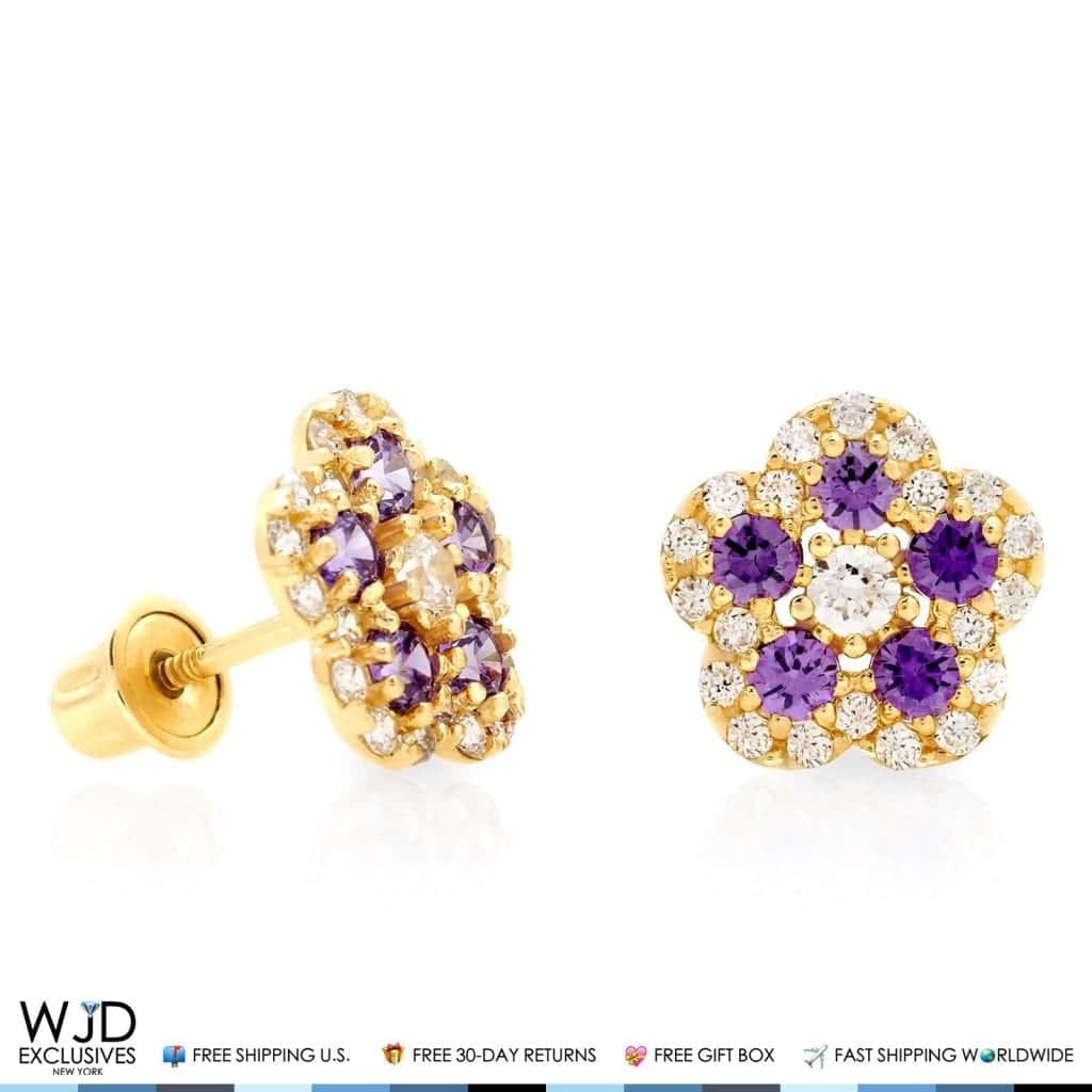 14K Gold 0.50Ct CZ & Birthstones Flower Cluster Stud Earrings 8mm