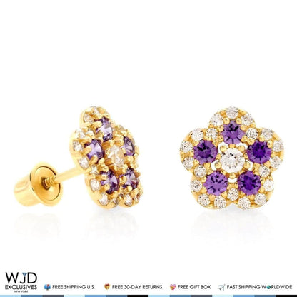14K Gold 0.50Ct CZ & Birthstones Flower Cluster Stud Earrings 8mm