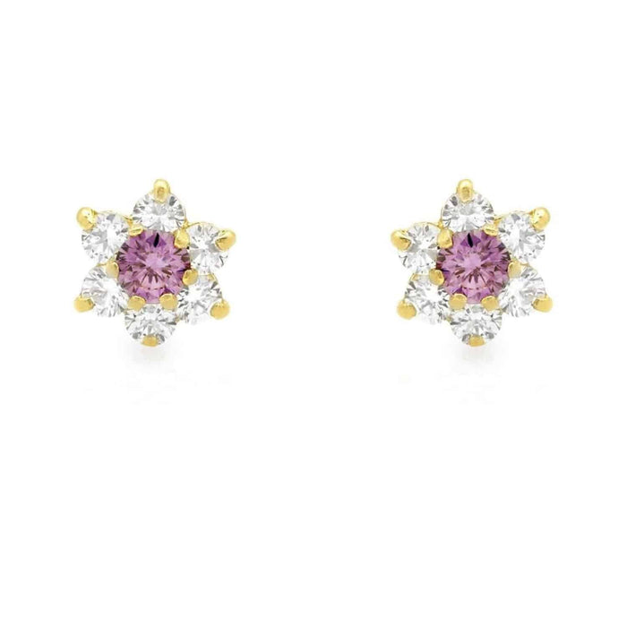 14k Yellow Gold CZ & Alexandrite Flower Shape Stud Earrings 6mm