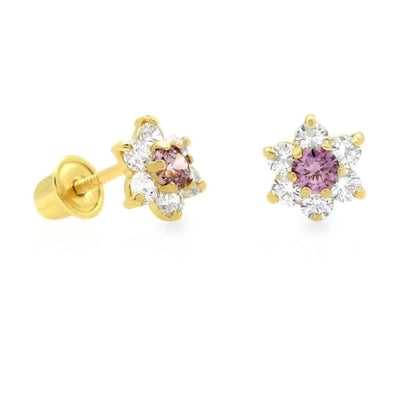 14k Yellow Gold CZ & Alexandrite Flower Shape Stud Earrings 6mm