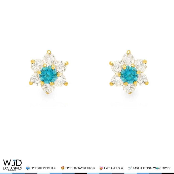 14k Yellow Gold CZ & Aquamarine Flower Shape Stud Earrings 6mm