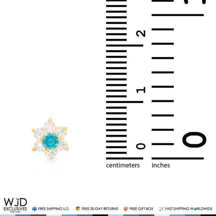 14k Yellow Gold CZ & Aquamarine Flower Shape Stud Earrings 6mm