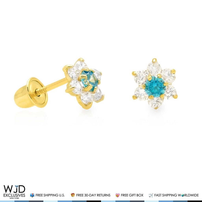 14k Yellow Gold CZ & Aquamarine Flower Shape Stud Earrings 6mm