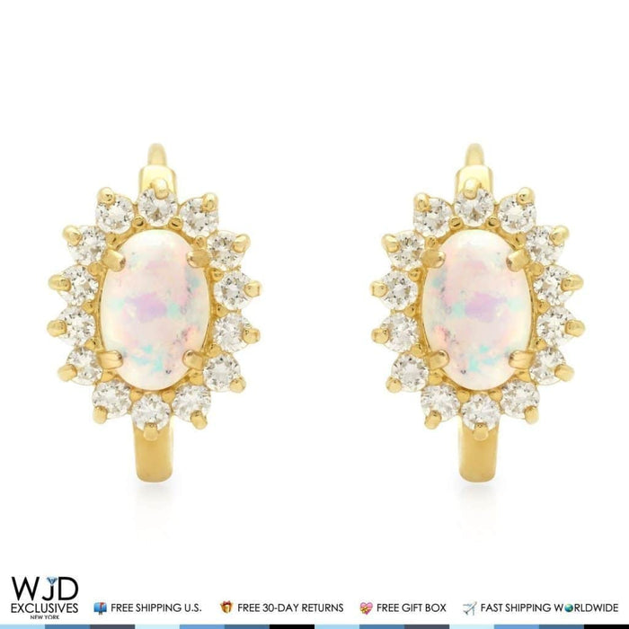 0.70CTW CZ 14k Yellow Gold Oval Fire Opal Huggie Hoop Earrings