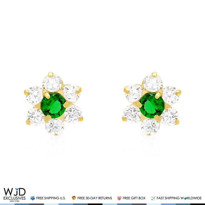 14k Yellow Gold 0.70Ct CZ & Birthstones Flower Stud Earrings 8mm