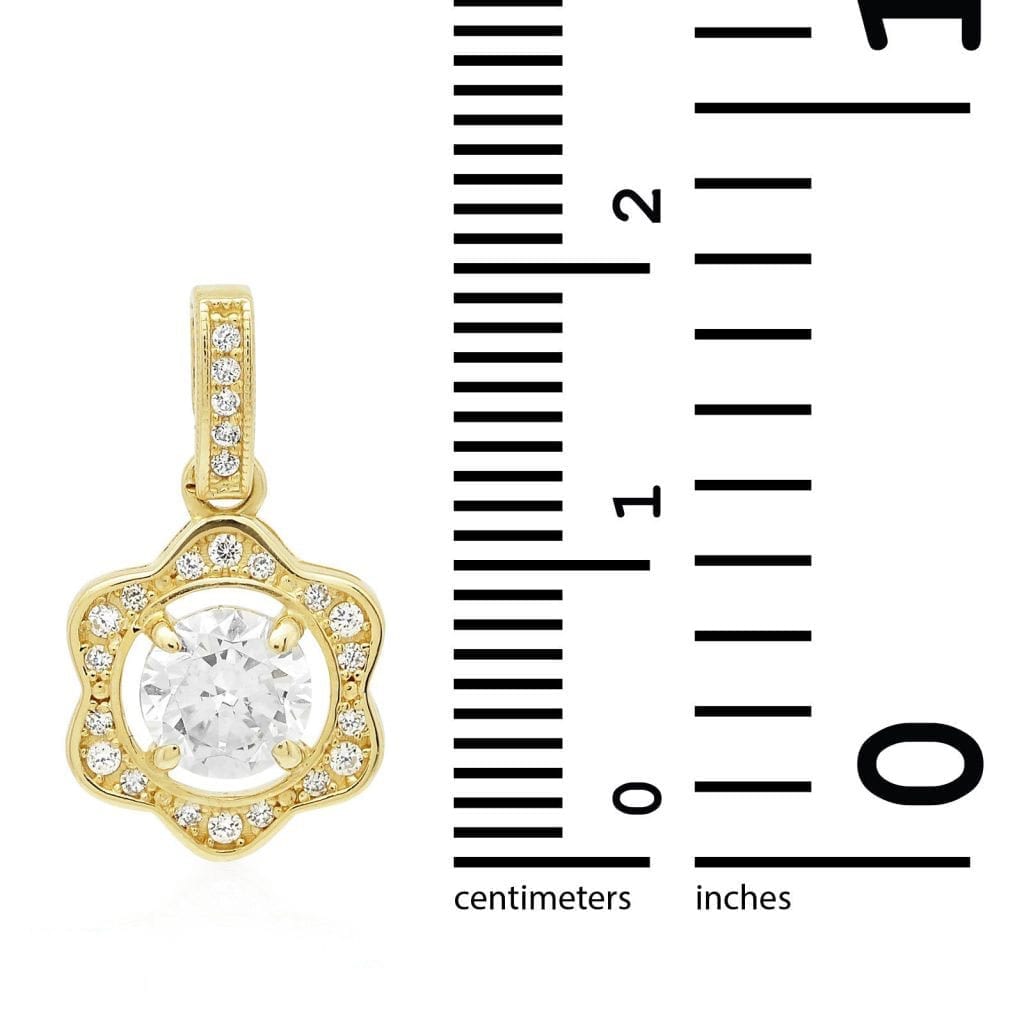 1Ct CZ Halo Flower Charm Pendant 14K Yellow Gold