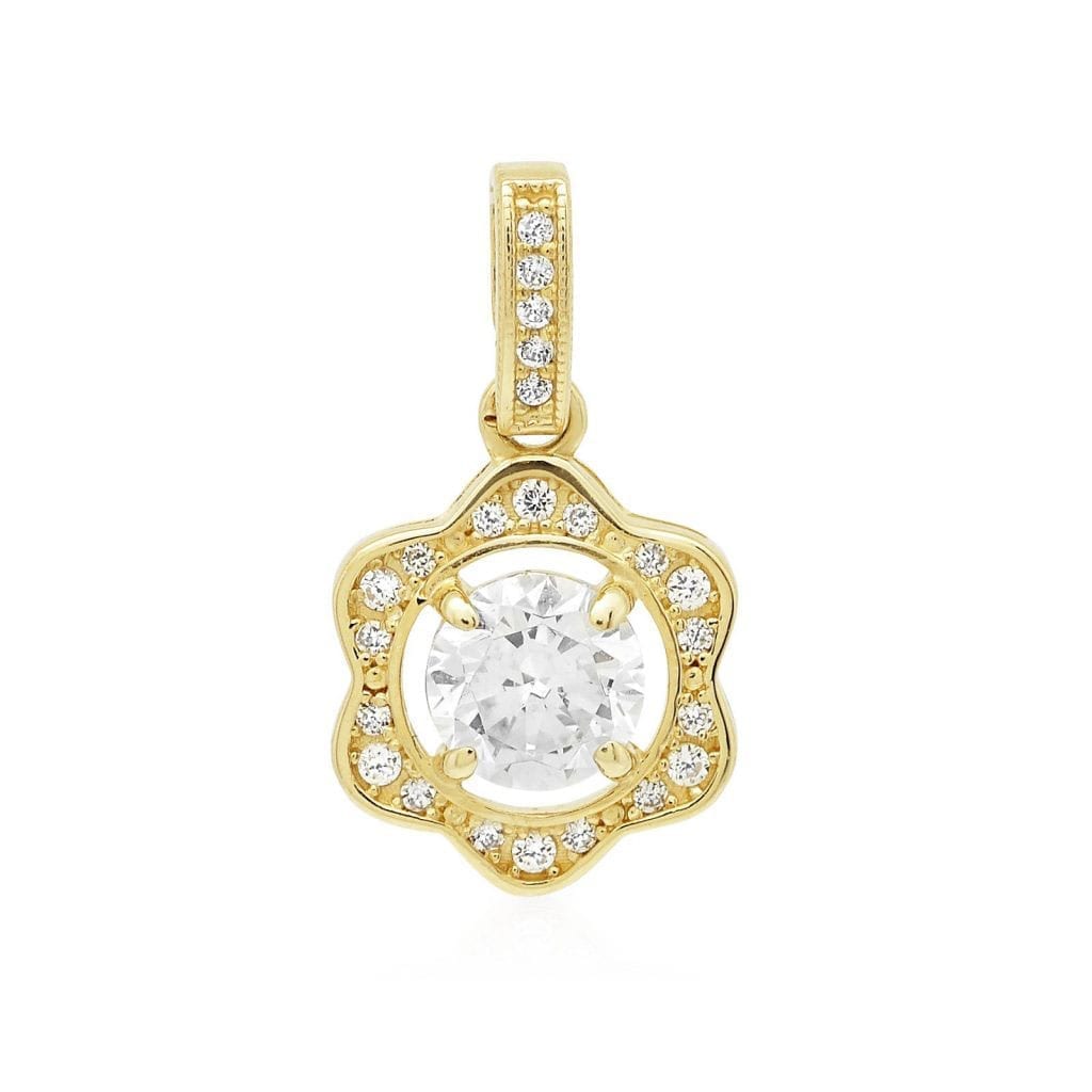 1Ct CZ Halo Flower Charm Pendant 14K Yellow Gold