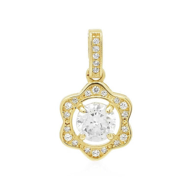 1Ct CZ Halo Flower Charm Pendant 14K Yellow Gold