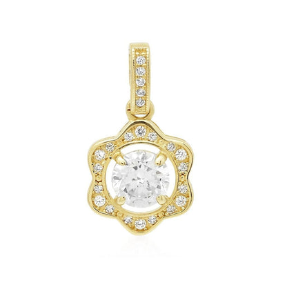 1Ct CZ Halo Flower Charm Pendant 14K Yellow Gold