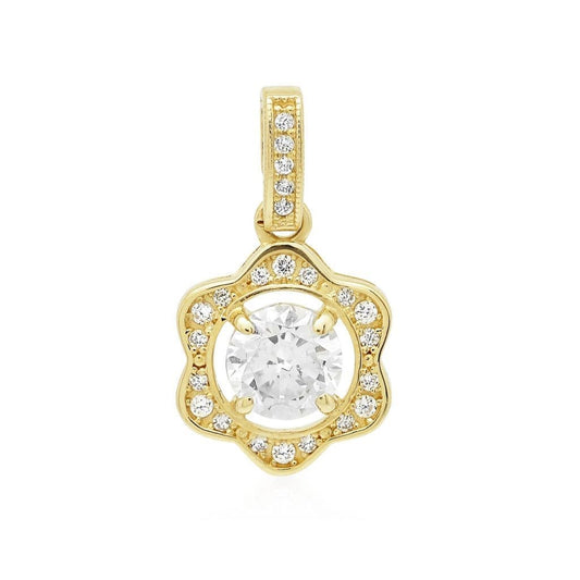 1Ct CZ Halo Flower Charm Pendant 14K Yellow Gold