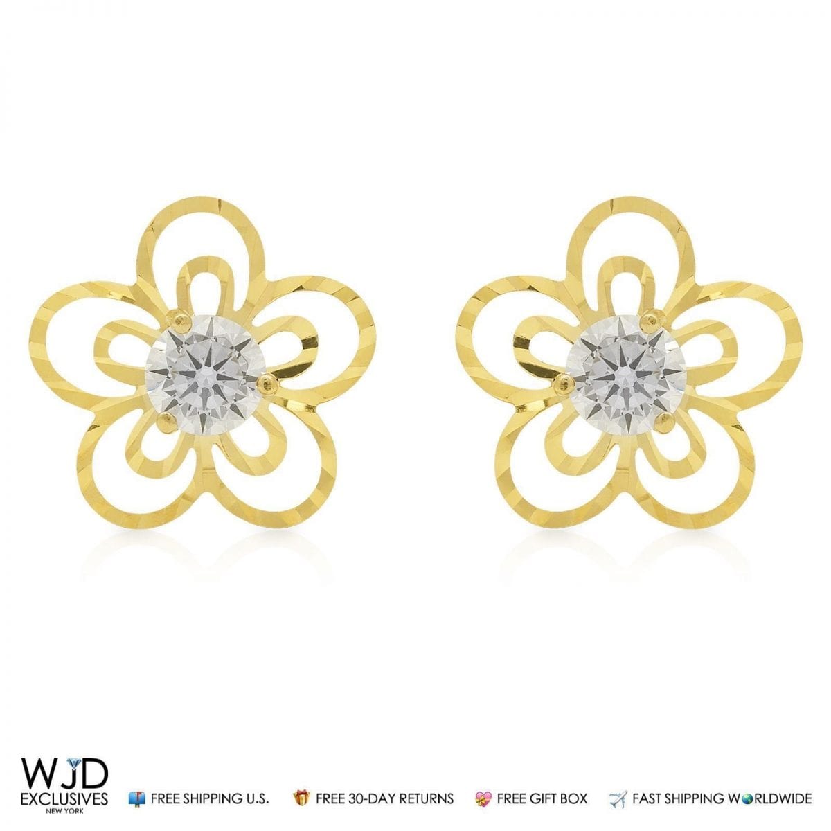 1CTW CZ 14K Gold Diamond-Cut Flower Stud Earrings 13mm