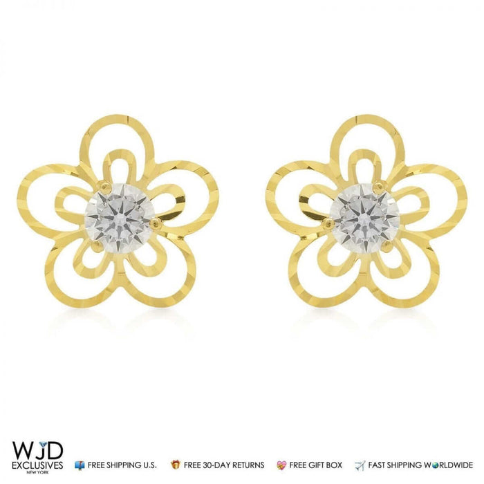1CTW CZ 14K Gold Diamond-Cut Flower Stud Earrings 13mm