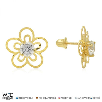 1CTW CZ 14K Gold Diamond-Cut Flower Stud Earrings 13mm