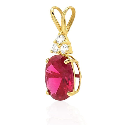 14k Yellow Gold 2.2Ct CZ & Oval Ruby Solitaire Charm Pendant 0.8"
