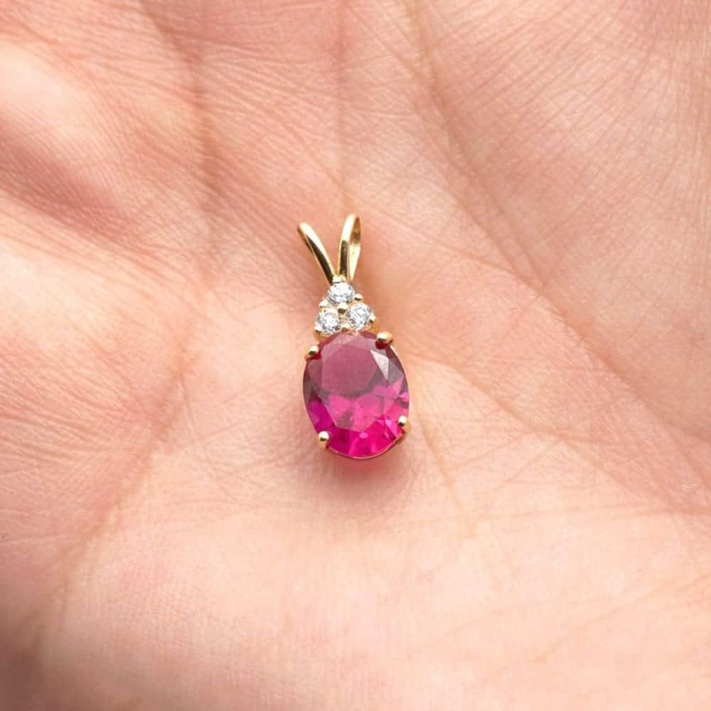 14k Yellow Gold 2.2Ct CZ & Oval Ruby Solitaire Charm Pendant 0.8"