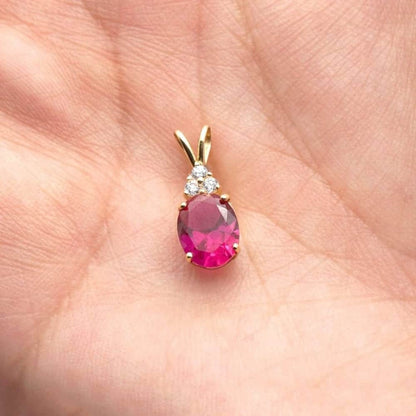 14k Yellow Gold 2.2Ct CZ & Oval Ruby Solitaire Charm Pendant 0.8"