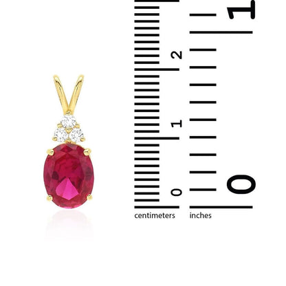 14k Yellow Gold 2.2Ct CZ & Oval Ruby Solitaire Charm Pendant 0.8"