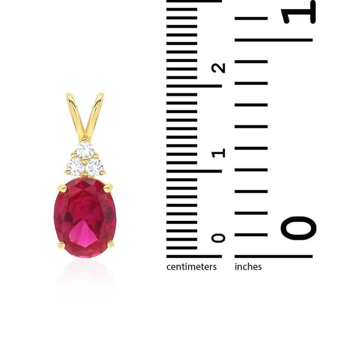 14k Yellow Gold 2.2Ct CZ & Oval Ruby Solitaire Pendant 0.8"