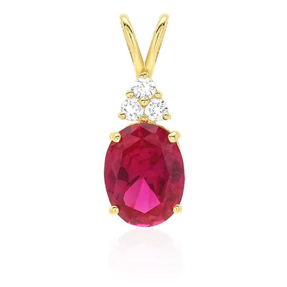 14k Yellow Gold 2.2Ct CZ & Oval Ruby Solitaire Charm Pendant 0.8"