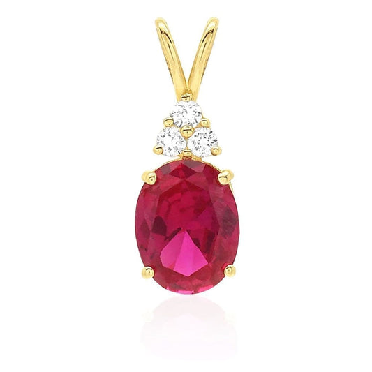 14k Yellow Gold 2.2Ct CZ & Oval Ruby Solitaire Charm Pendant 0.8"