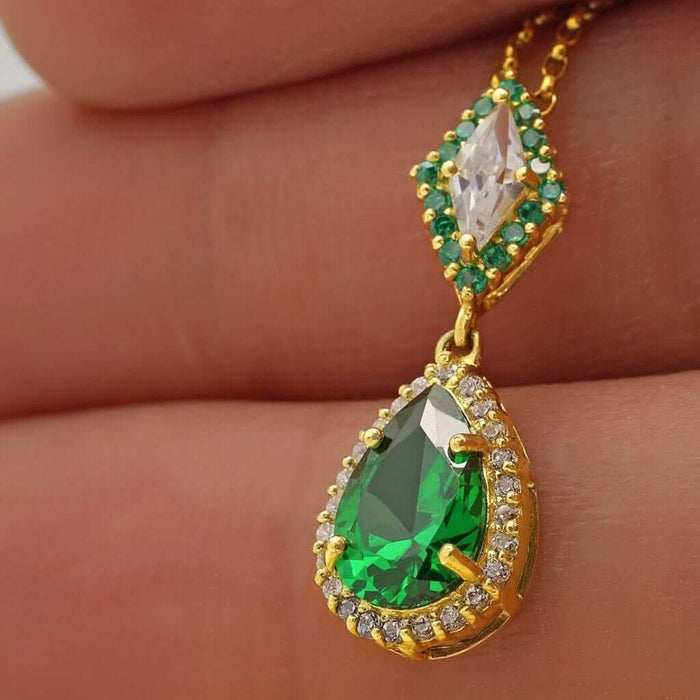 14k Yellow Gold CZ Halo Pear Birthstone Pendant 0.9"