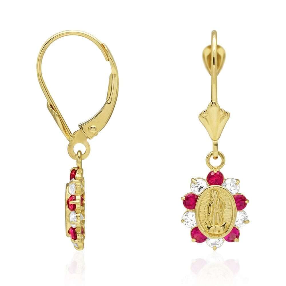 14k Yellow Gold Birthstone Virgin Guadalupe Oval Leverback Earrings 1"