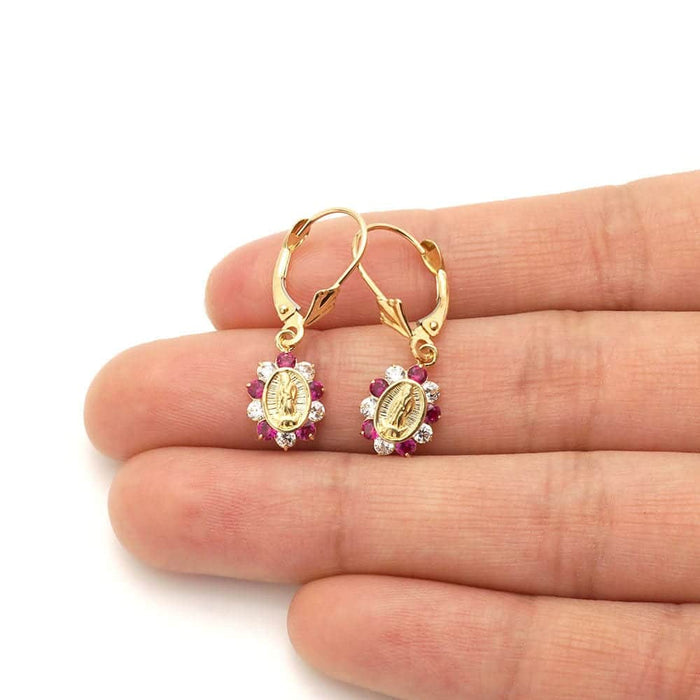 14k Yellow Gold Birthstone Virgin Guadalupe Oval Leverback Earrings 1"
