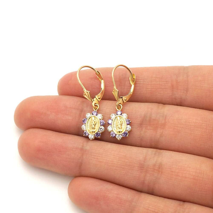 14k Yellow Gold Birthstone Virgin Guadalupe Oval Leverback Earrings 1"