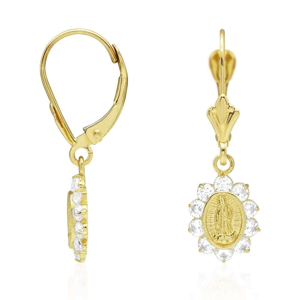 14k Yellow Gold Birthstone Virgin Guadalupe Oval Leverback Earrings 1"