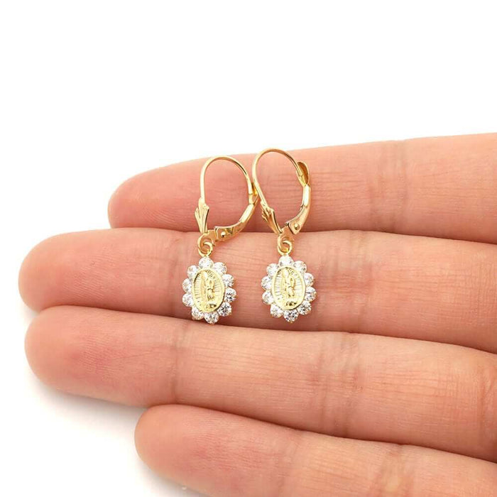 14k Yellow Gold Birthstone Virgin Guadalupe Oval Leverback Earrings 1"