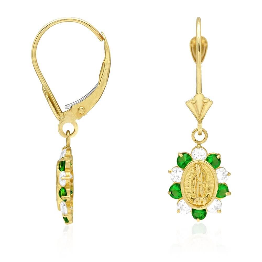 14k Yellow Gold Birthstone Virgin Guadalupe Oval Leverback Earrings 1"