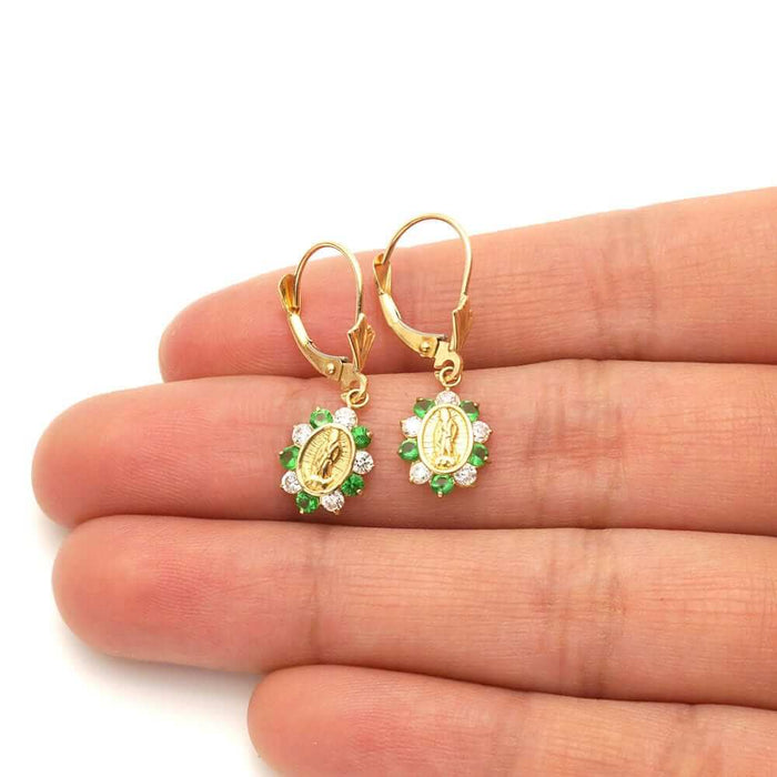 14k Yellow Gold Birthstone Virgin Guadalupe Oval Leverback Earrings 1"