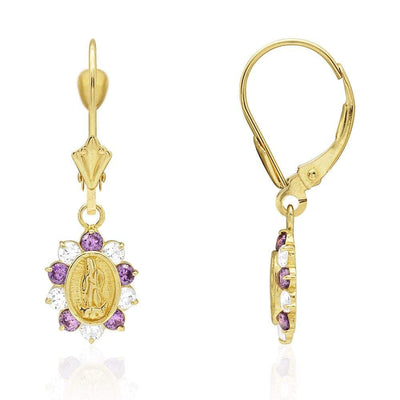 14k Yellow Gold Birthstone Virgin Guadalupe Oval Leverback Earrings 1"