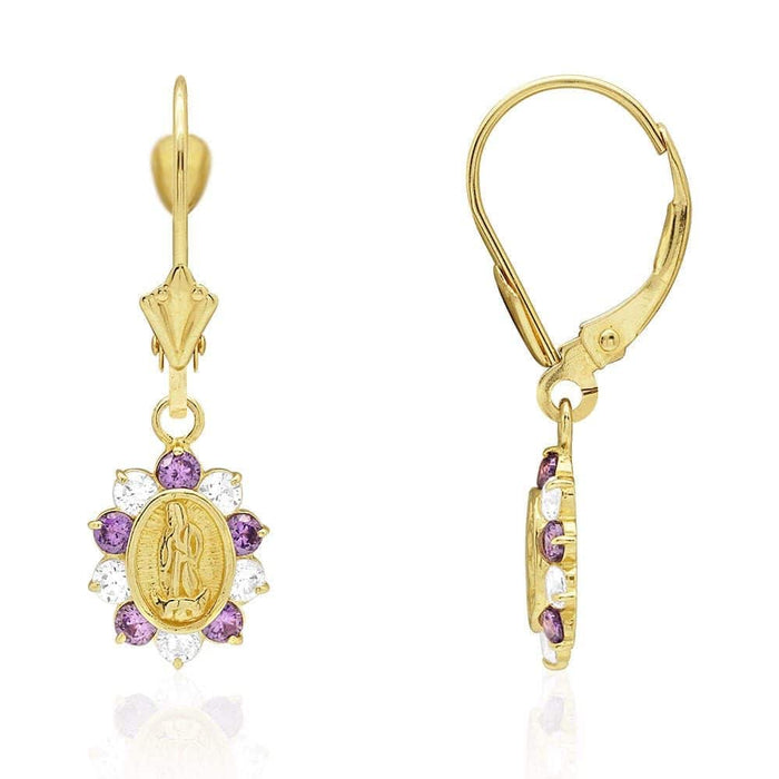 14k Yellow Gold Birthstone Virgin Guadalupe Oval Leverback Earrings 1"