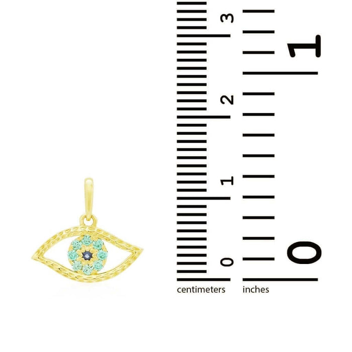14k Yellow Gold Simulated Aquamarine & Sapphire Evil Eye Pendant 0.5"
