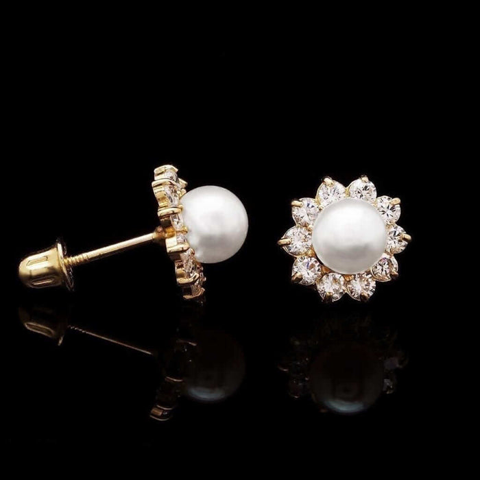 14k Yellow Gold CZ Freshwater Pearl Halo Flower Stud Earrings 8mm