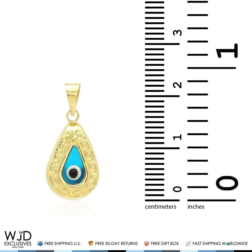 14k Yellow Gold Diamond Cut Pear Shape Good Luck Evil Eye Charm Pendant 0.9"