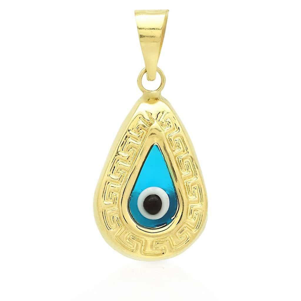 14k Yellow Gold Diamond Cut Pear Shape Good Luck Evil Eye Charm Pendant 0.9"