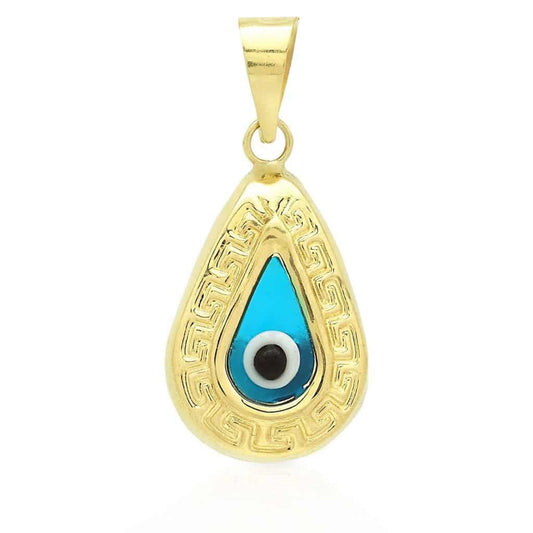 14k Yellow Gold Diamond Cut Pear Shape Good Luck Evil Eye Charm Pendant 0.9"