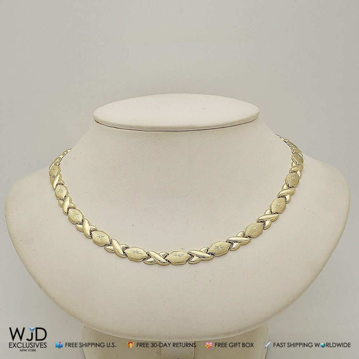 14K Yellow Gold 7mm Diamond-Cut Hugs & Kisses Love XO Necklace (Hollow) 17"