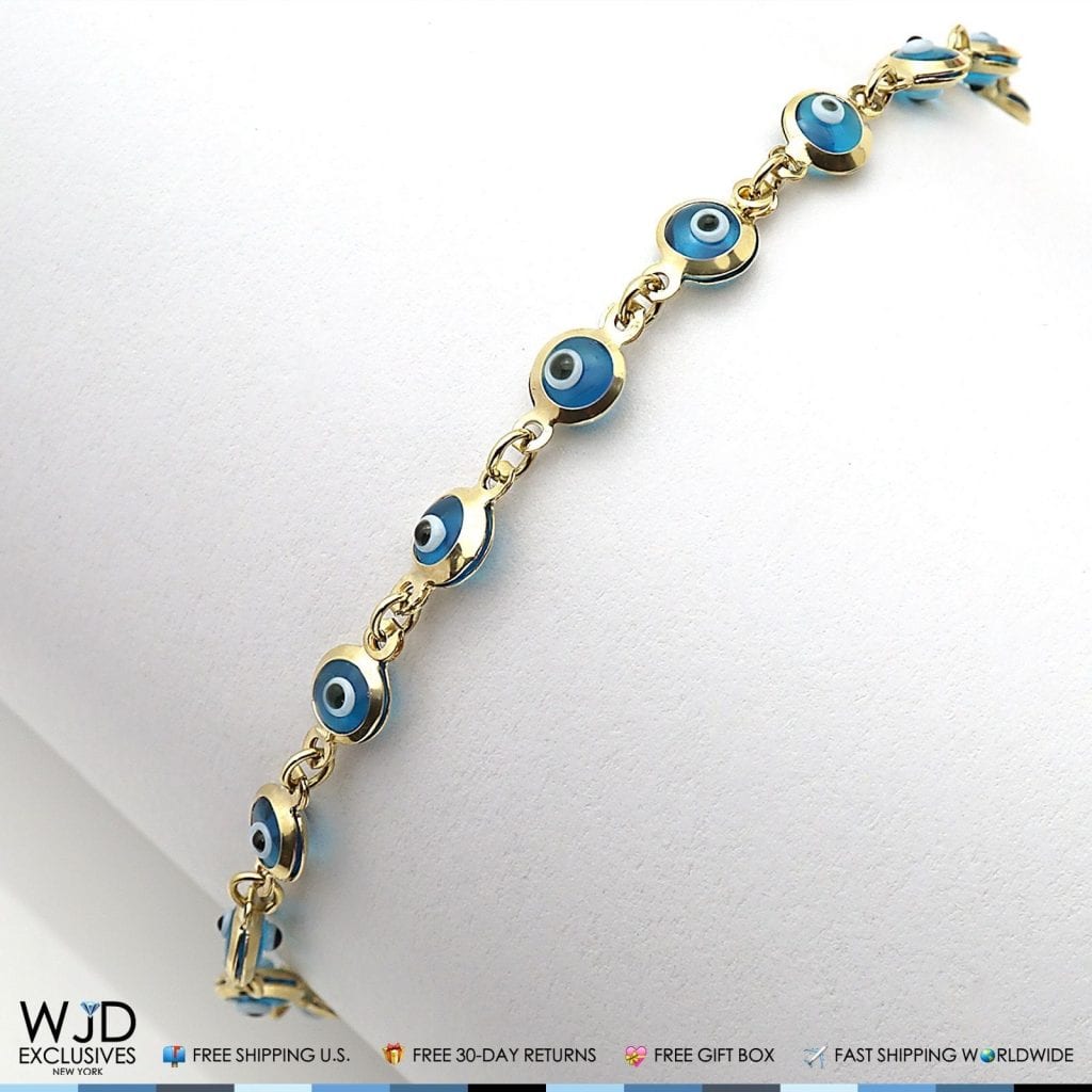 14k Gold Yellow Good Luck Evil Eye Cable Charm Bracelet 7"