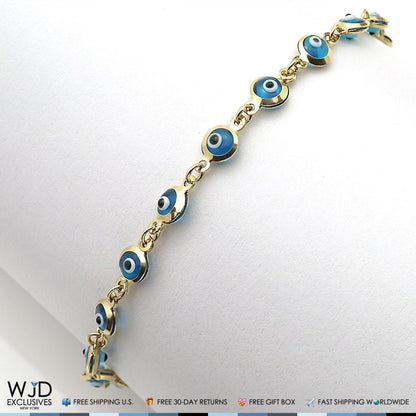 14k Gold Yellow Good Luck Evil Eye Cable Charm Bracelet 7"