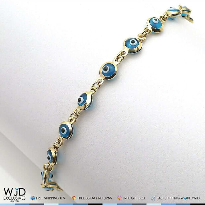 14K Yellow Gold Good Luck Evil Eye Cable Charm Bracelet 7"
