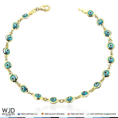 14k Gold Yellow Good Luck Evil Eye Cable Charm Bracelet 7"